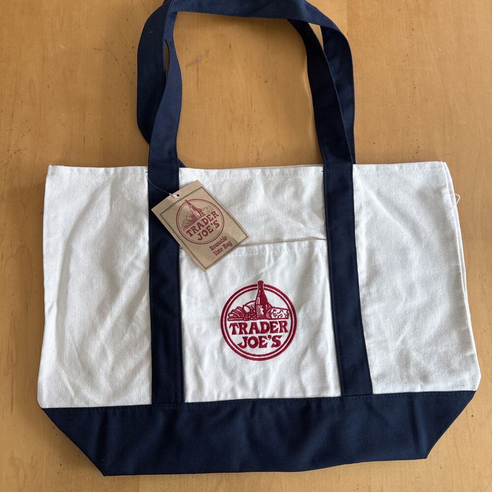 TRADER JOE'S LARGE CANVAS BAG Icon COTTON REUSABLE SHOPPING LARGE NAVY BLUE NWT